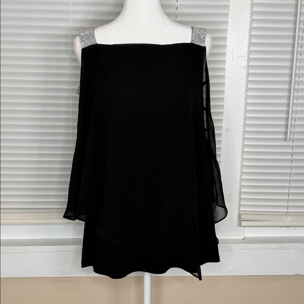EUC MSK Black Cold Shoulder Top with Sparkling Silver Details